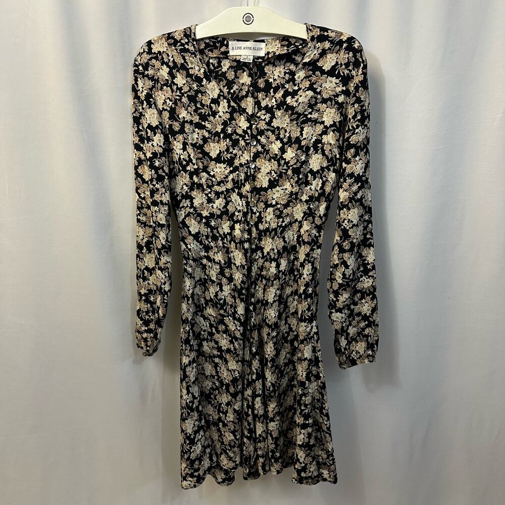 Anne Klein Vintage VTG A Line Black Floral Long Sleeve Buttons Short Dress 4